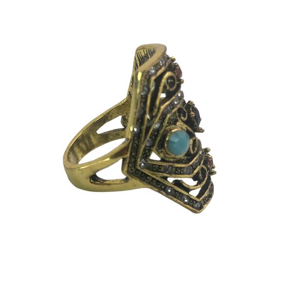 Gold and Multicolor Rhinestone Statement Ring - Size 9 - Picture 5 of 7